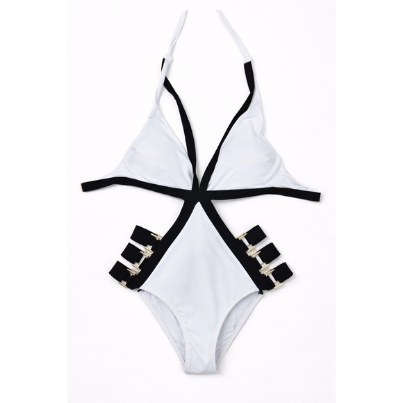 MOEVA LONDON Other - MOEVA LONDON White Black Halter One Piece Swimsuit Buckle Cutout Size S